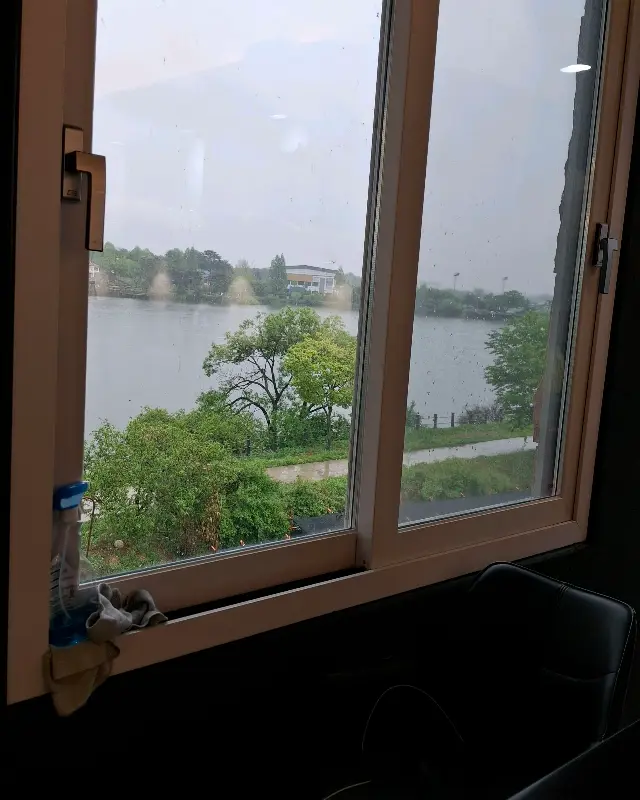 창밖으로 보이는 저수지와 나무