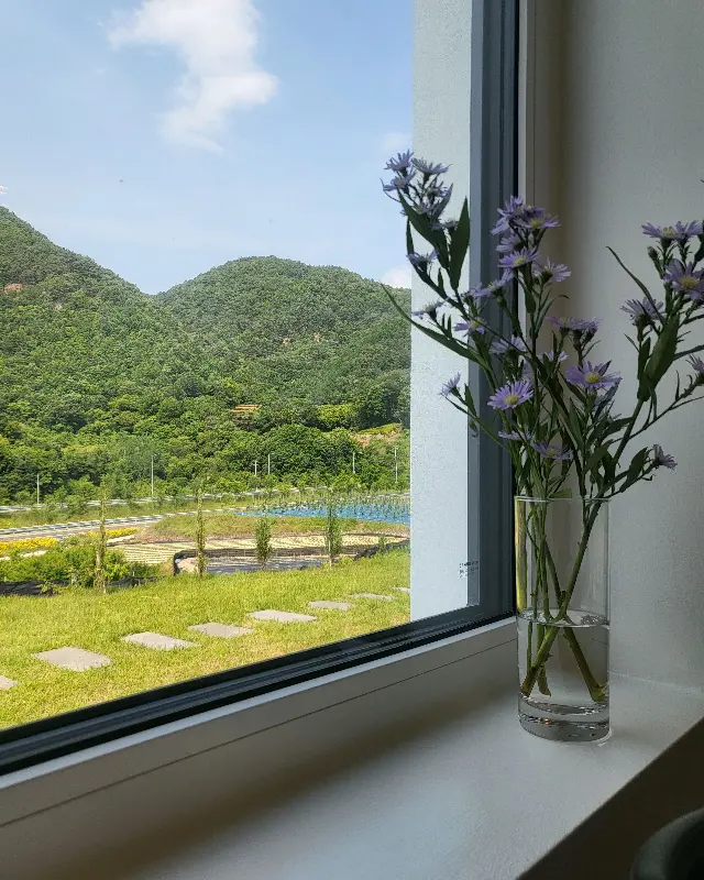 창밖으로 보이는 푸르른 산