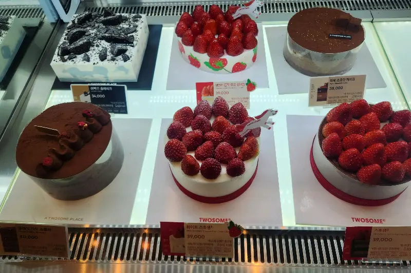 다양한 종류의 케이크가 진열된 쇼케이스