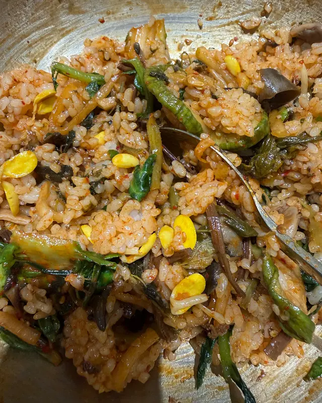 보리밥에 다양한 나물과 고추장을 넣어 비빈 모습