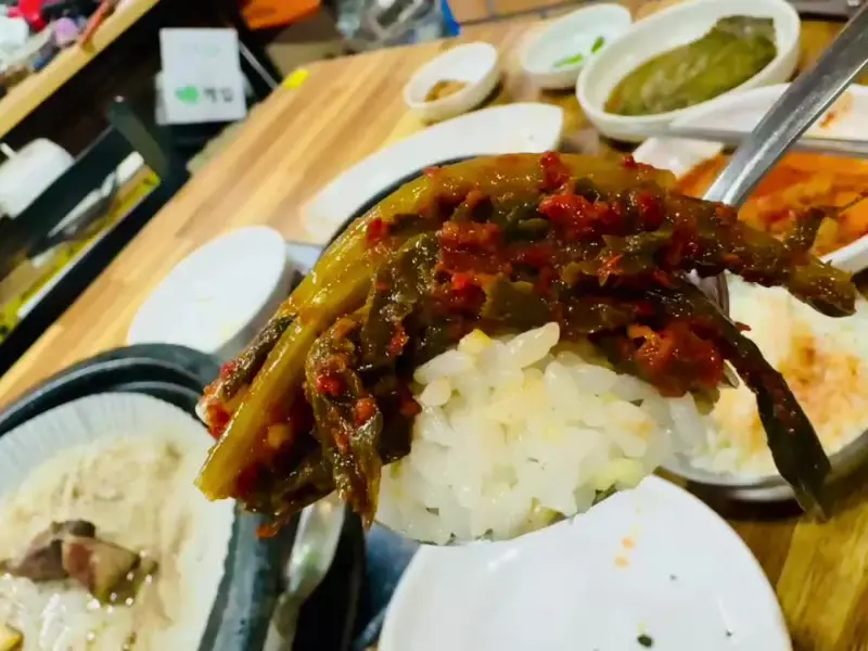 밥 위에 갓김치를 올려놓은 모습