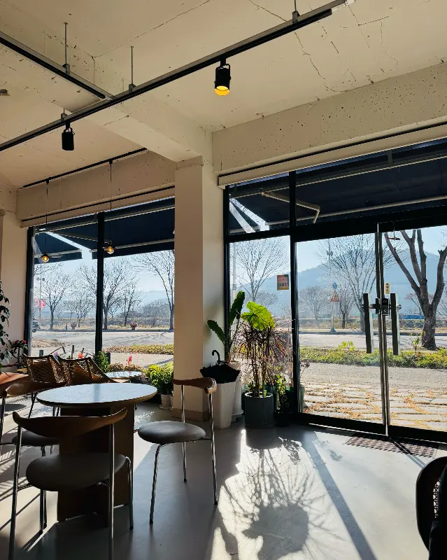 통창으로 햇살이 가득 들어오는 카페 내부