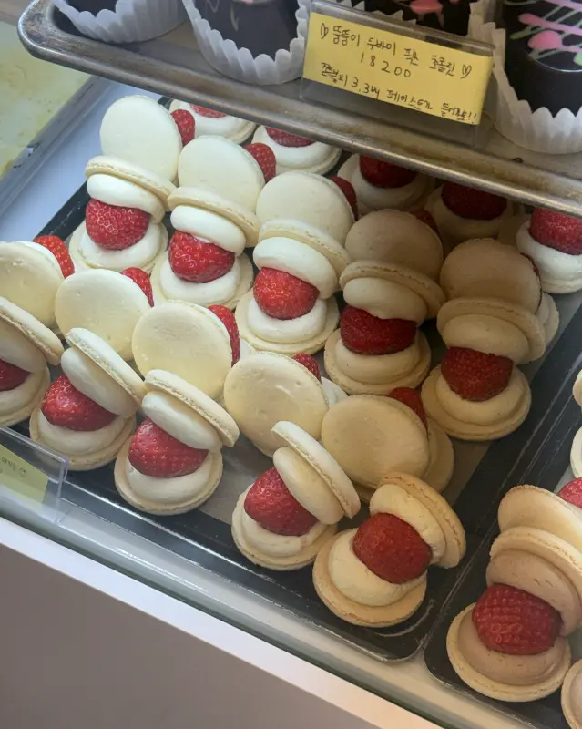쇼케이스 안의 딸기 마카롱