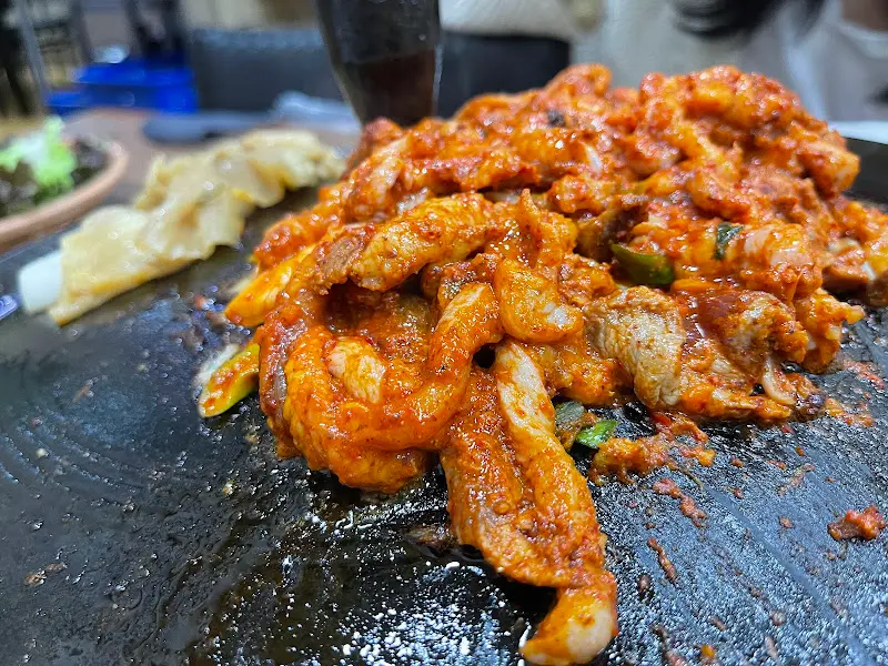 붉은 양념의 오리 주물럭 클로즈업