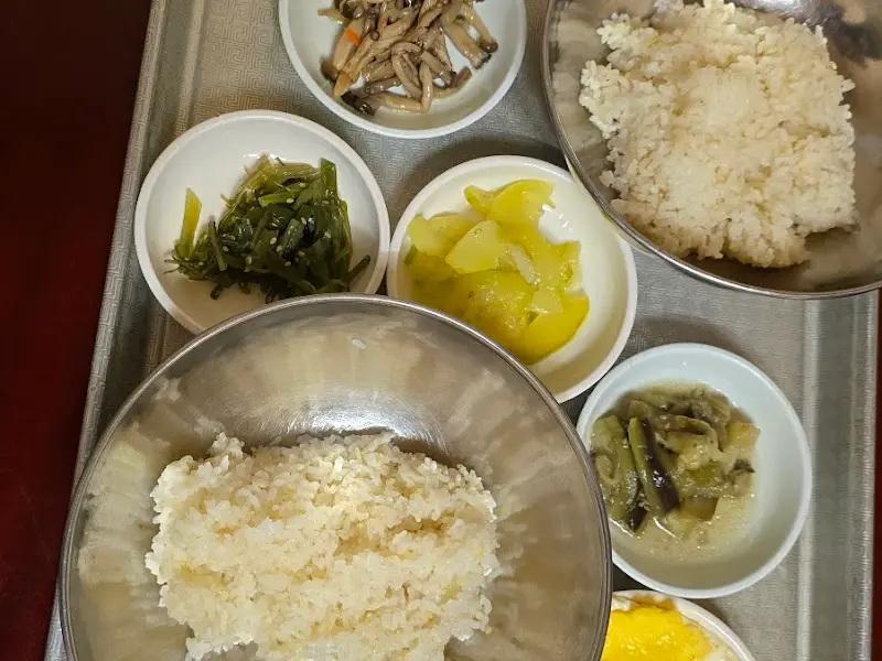 쟁반 위에 놓인 다양한 나물 반찬과 밥