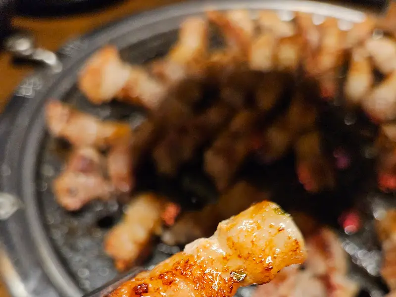 잘 구워진 고기 한 점을 집어 올린 모습