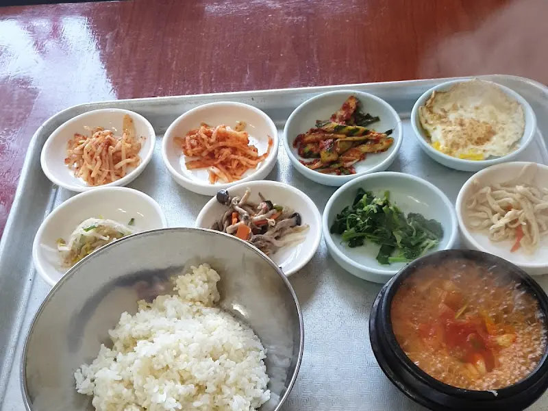 다양한 나물 반찬과 된장찌개, 밥이 놓인 쟁반