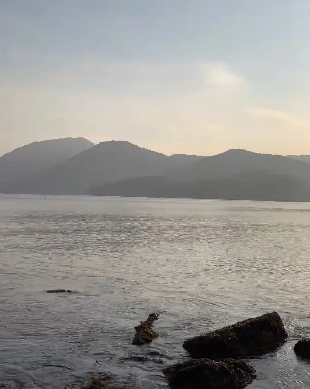 카페에서 바라본 잔잔한 남해 바다 풍경