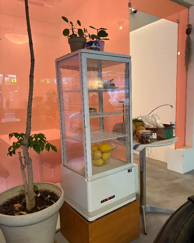 디저트 쇼케이스와 식물