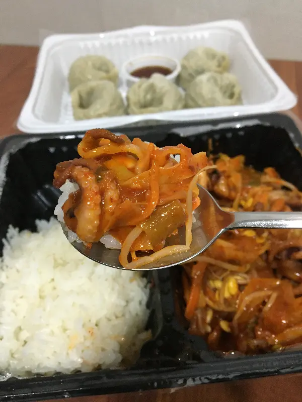 포장해온 낙지덮밥과 만두