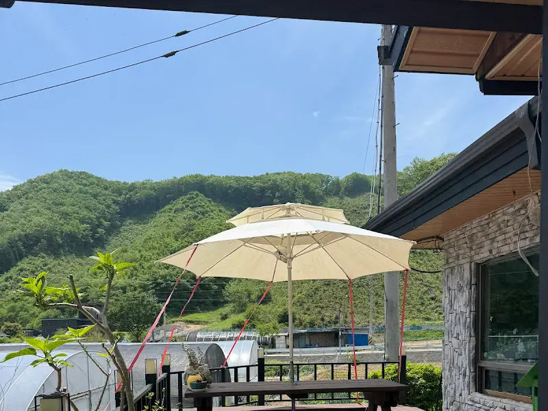 식당 외부 테이블과 파라솔