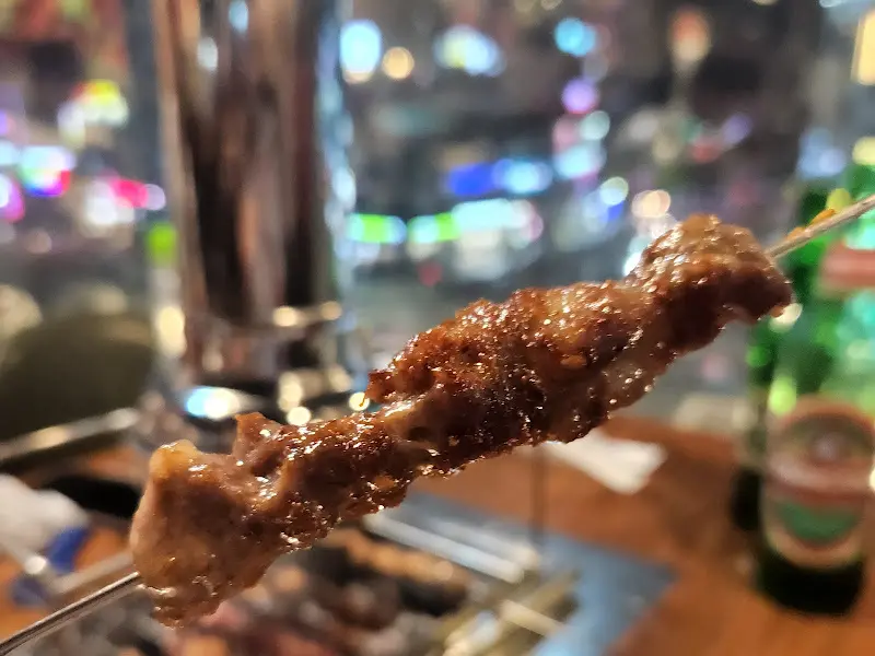 노릇하게 구워진 양꼬치 클로즈업