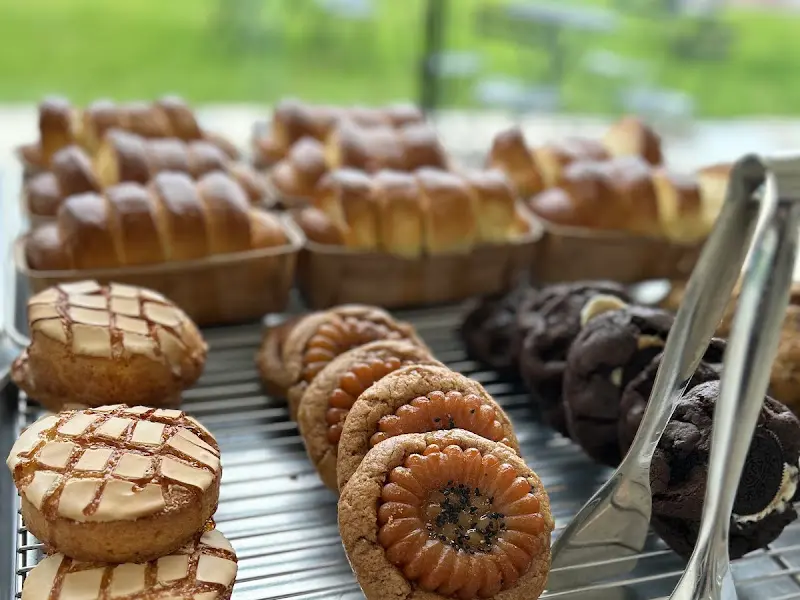 다양한 종류의 빵들이 진열된 쇼케이스