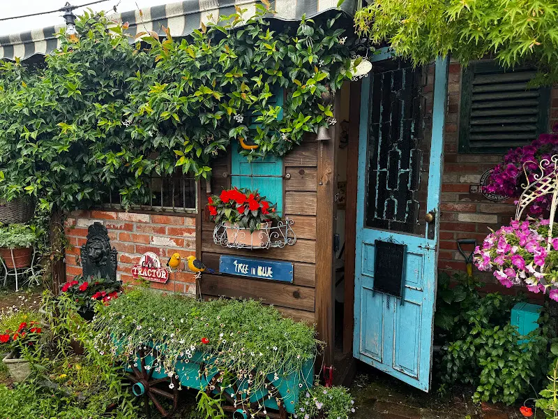 푸르른 넝쿨과 꽃으로 장식된 카페 외관