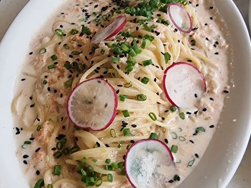 명란 파스타의 클로즈업 사진