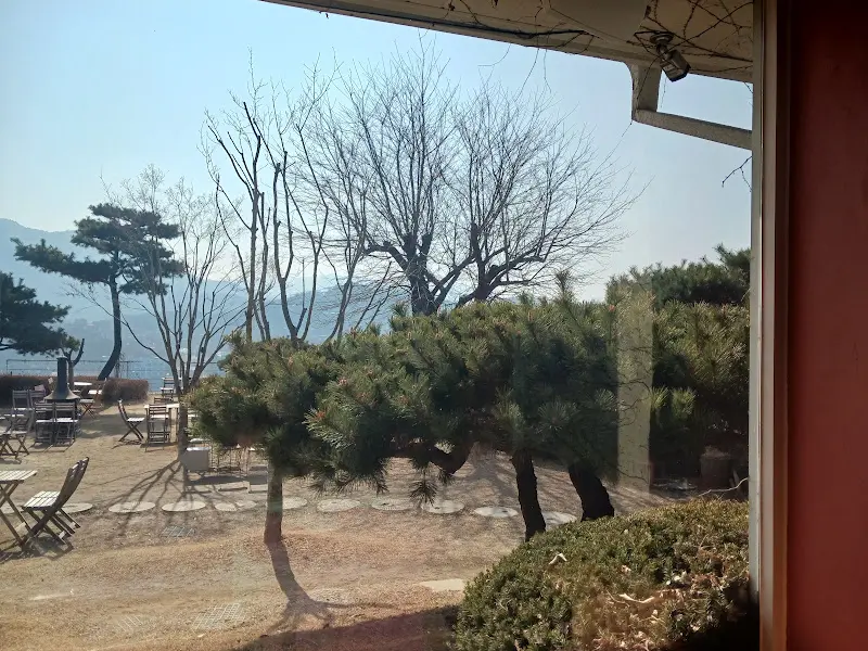 카페 내부에서 바라본 야외 테이블