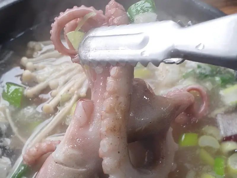 집게로 낙지를 들어올리는 모습