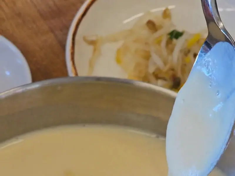숟가락 위에 올려진 콩국수