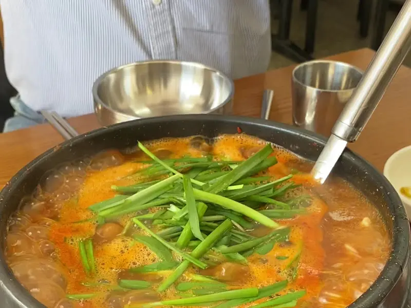 뚝배기에 담긴 어죽 위로 신선한 부추가 듬뿍 올려져 있다. 숟가락으로 휘저으니 소면, 수제비, 밥알이 보인다.