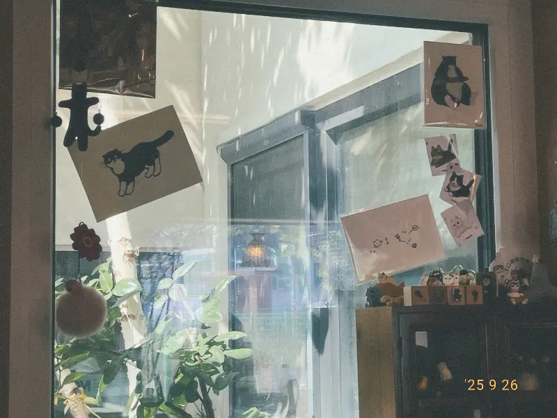 창가에 놓인 고양이 소품들