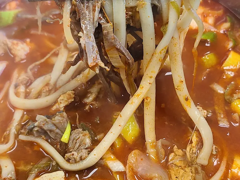젓가락으로 들어올린 육개장 칼국수 면발