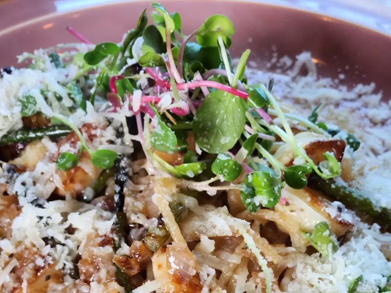 딱새우 로제 파스타 위에 새싹 채소가 올려져 있는 클로즈업 사진