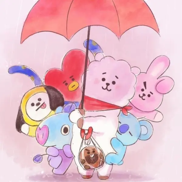 우산 아래 옹기종기 모여있는 캐릭터들