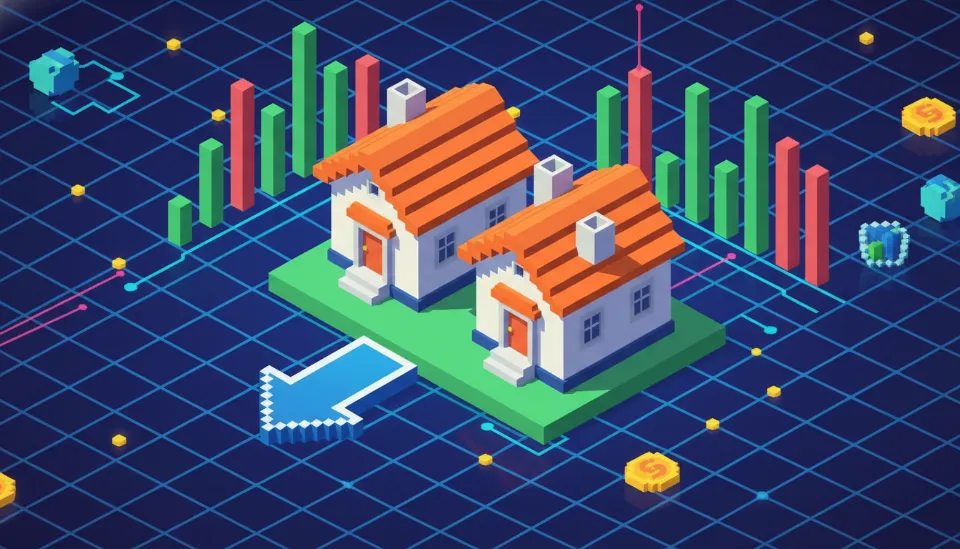 서울 아파트 단지 배경 위에 2주택자 대출 한도 하락을 방어하는 금리 비교 차트와 집 모양 아이콘이 그려진 입체적인 3D 그래픽 이미지