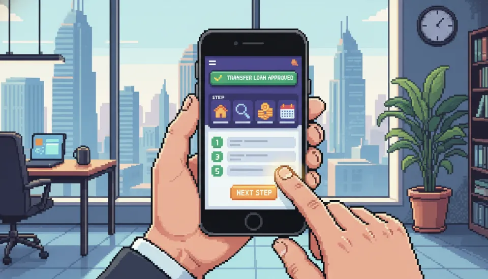 서울 도심의 사무실 창가에서 스마트폰 뱅킹 앱을 사용하여 대환대출 심사 승인 알림을 확인하고 있는 직장인의 모습