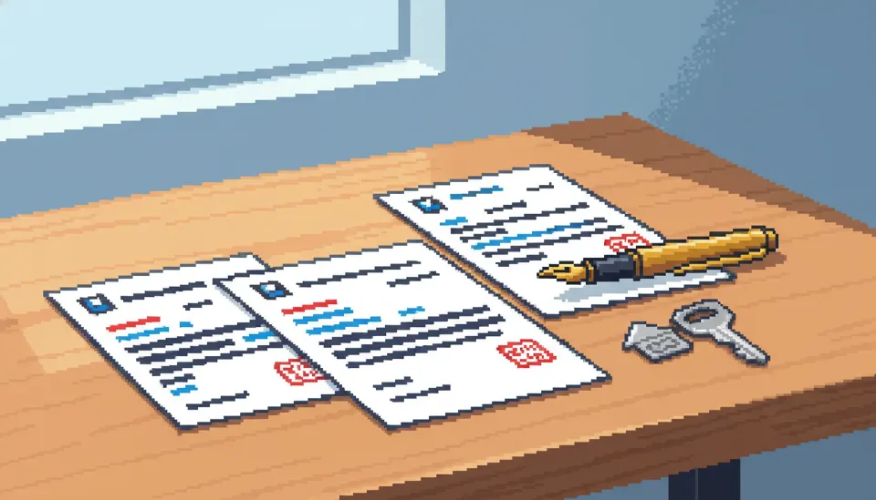 원목 책상 위에 가지런히 정리된 주민등록등본, 소득증빙서류 등 대출 신청에 필요한 각종 공문서와 집 열쇠가 놓여 있는 이미지