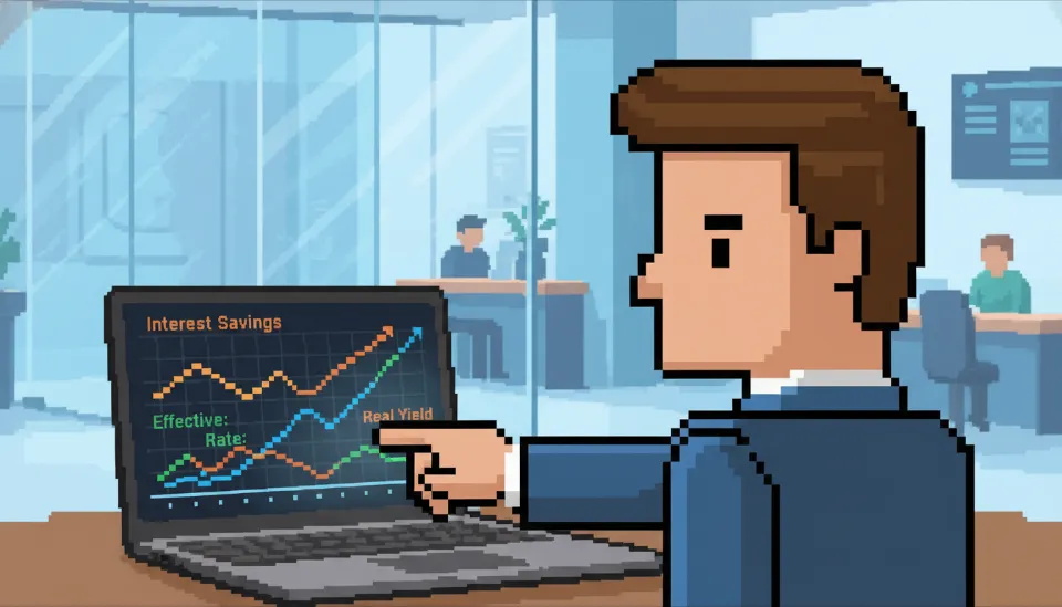 전문 금융 상담사가 노트북 화면의 금리 변동 그래프를 가리키며 2주택자 고객에게 이자 절감 전략을 설명하고 있는 전문적인 모습