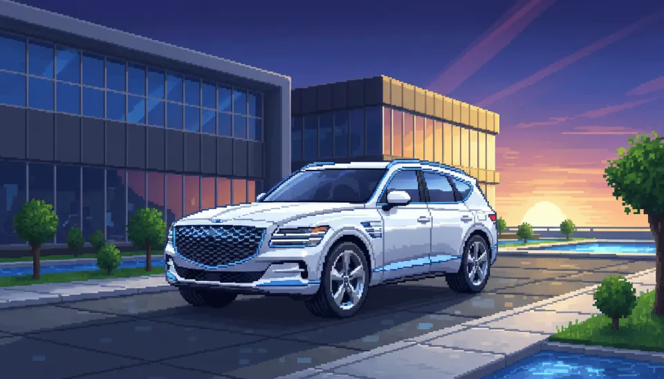 현대적인 빌딩 앞에 주차된 세련된 화이트 컬러의 2026년형 제네시스 GV80 하이브리드 측면 디자인