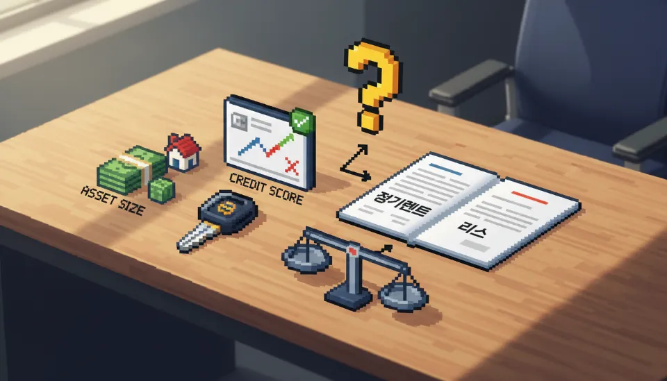 목재 책상 위에 놓인 자동차 키와 신용 점수 그래프 및 사업용 계약서가 포함된 장기렌트 리스 비교 이미지