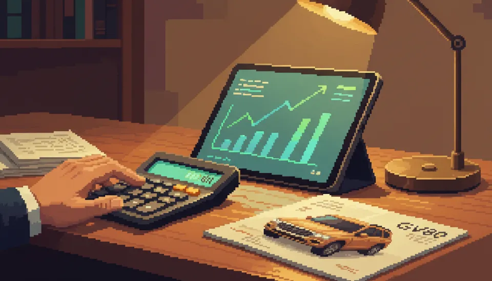 재무 세금 차트가 표시된 태블릿과 제네시스 카탈로그 옆에서 계산기를 사용하는 사업자의 모습