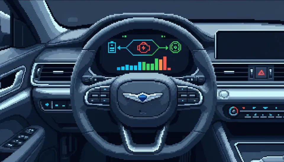 제네시스 로고가 새겨진 스티어링 휠과 하이브리드 에너지 흐름이 표시된 럭셔리 SUV의 디지털 대시보드