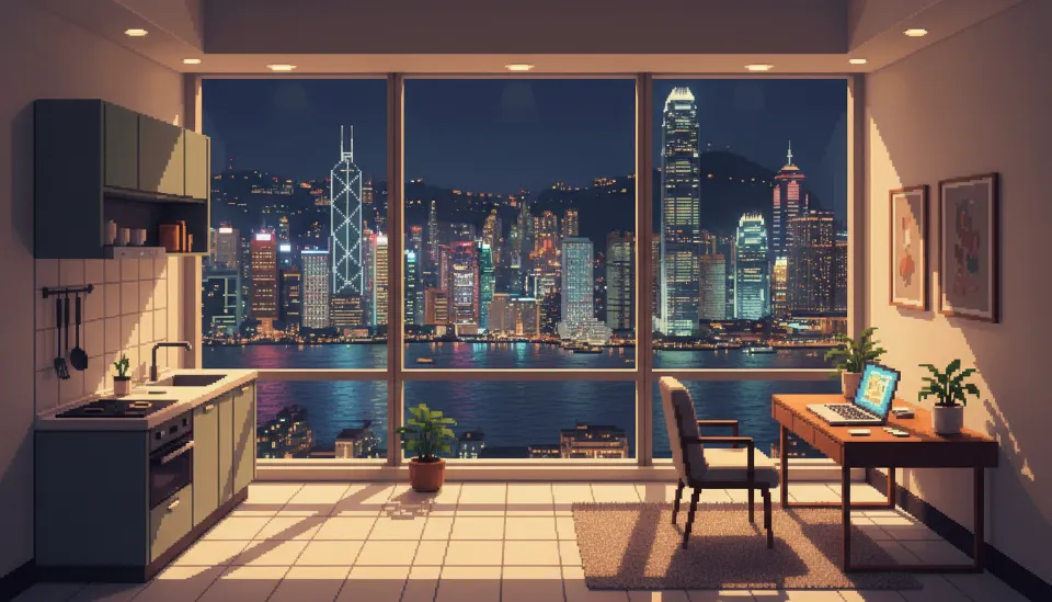 홍콩 빅토리아 하버 야경이 내려다보이는 통창과 현대적인 주방 시설을 갖춘 고급 서비스 아파트먼트 실내 전경
