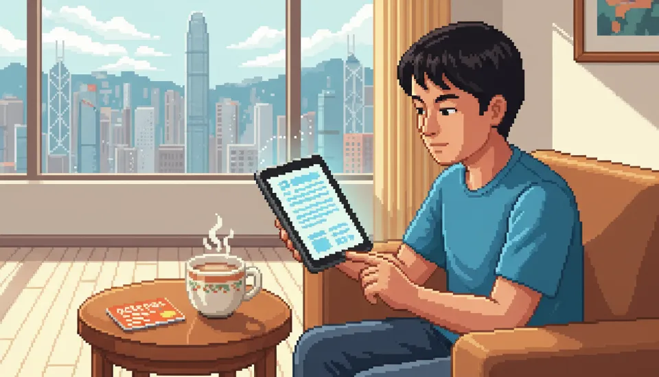 홍콩 아파트 거실에서 태블릿으로 임대 계약서를 꼼꼼히 검토하는 모습과 옥토퍼스 카드