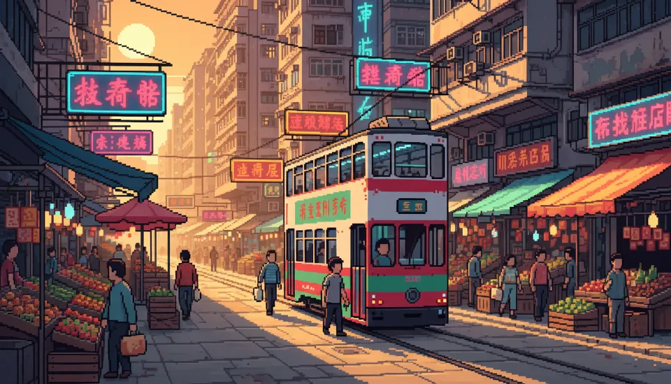 네온 사인이 가득한 홍콩 거리를 달리는 전통적인 2층 트램과 활기찬 시장 풍경