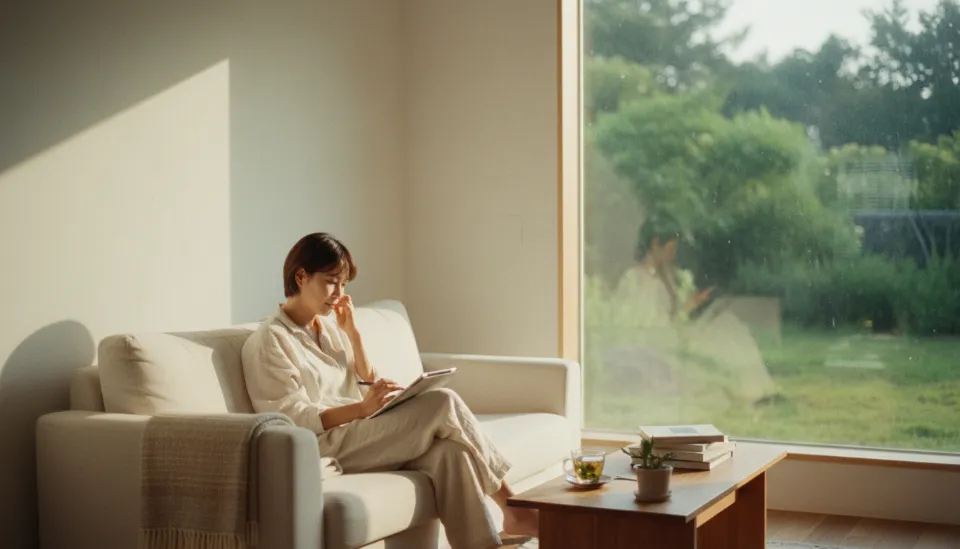 제주도 한달살기 숙소로 사용되는 채광 좋은 거실과 정원이 보이는 인테리어