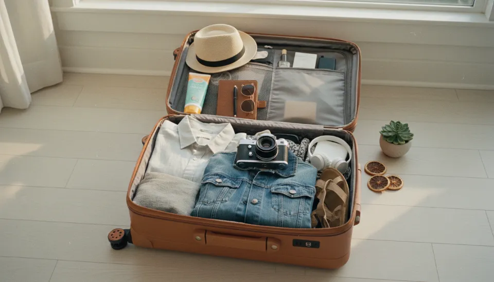 제주도 한달살기를 위해 준비된 여행용 캐리어 속 물품들과 카메라, 노트북 주변기기들