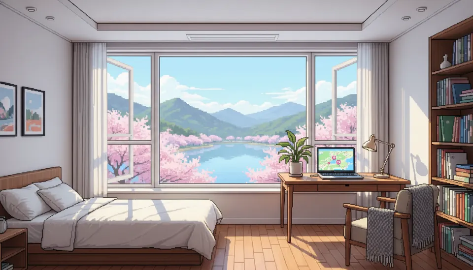 수성못 전망이 보이는 현대적인 인테리어의 대구 한달살기 숙소 내부와 데스크테리어 전경