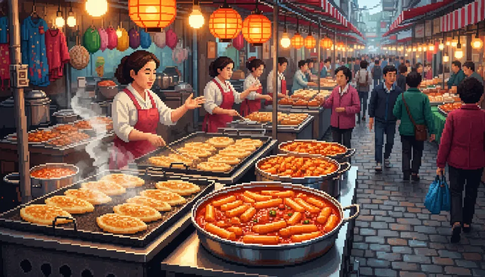 활기찬 대구 서문시장에서 판매하는 바삭한 납작만두와 매콤한 떡볶이의 먹음직스러운 모습