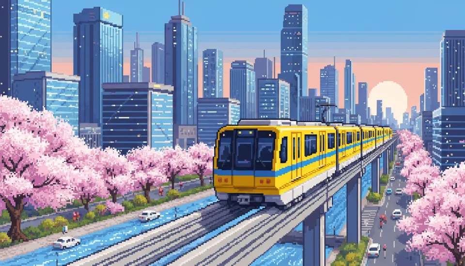 벚꽃이 핀 도심 위를 지나가는 노란색 대구 지하철 3호선 모노레일의 이색적인 풍경
