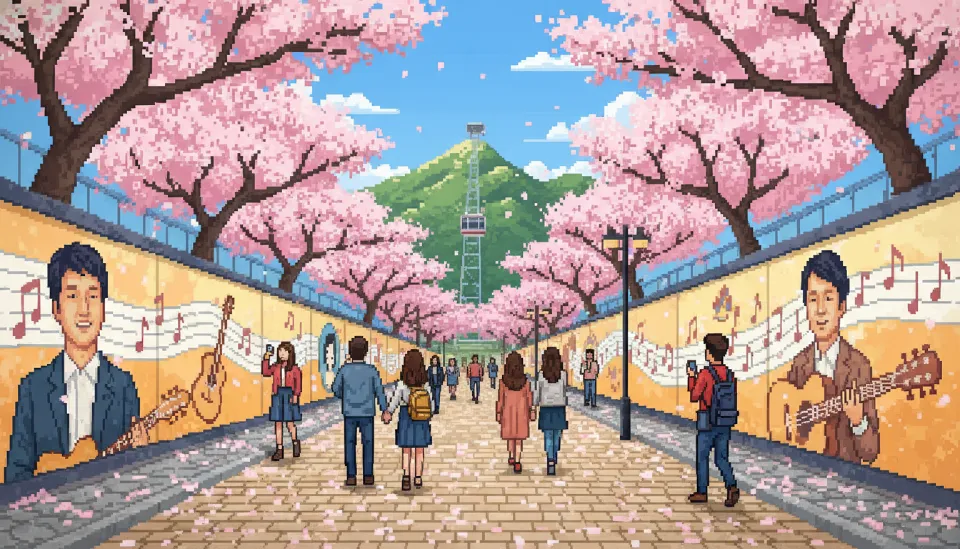 벚꽃 잎이 휘날리는 대구 김광석 다시 그리기 길의 감성적인 벽화와 거리 풍경