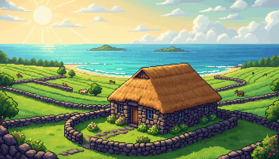 푸른 바다와 돌담이 어우러진 제주도 전통 가옥 앞마당에서 평화롭게 휴식을 취하는 한달살기 풍경