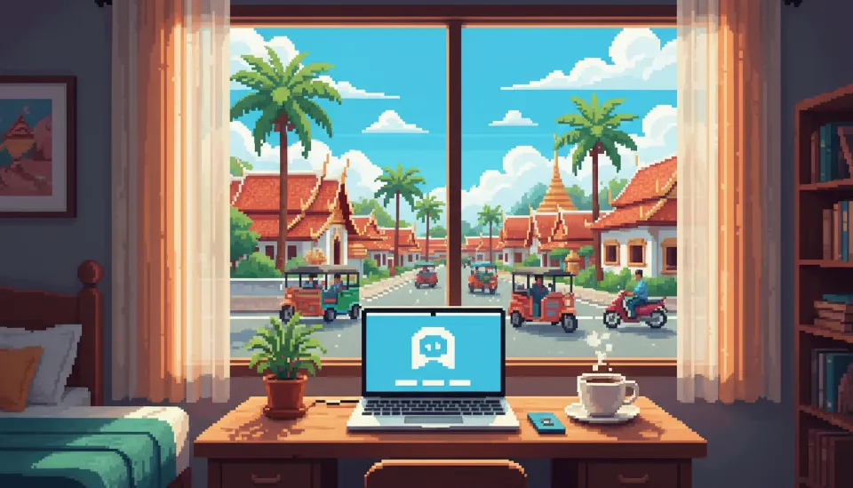 창밖으로 활기찬 치앙마이 거리가 보이는 카페 안에서 노트북과 커피를 두고 업무를 보는 워케이션 모습