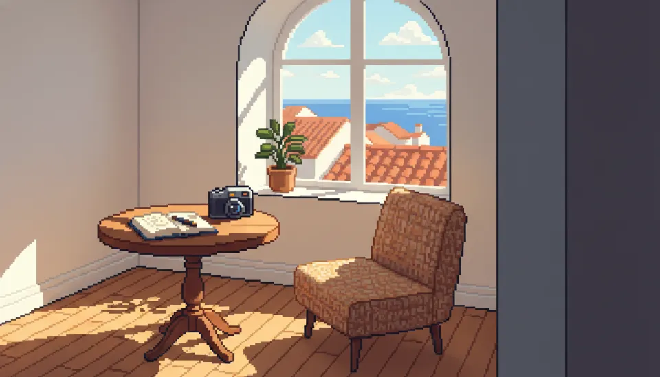 햇살이 들어오는 리스본 숙소 창가 테이블 위에 놓인 일기장과 카메라 그리고 한달살기의 기록들