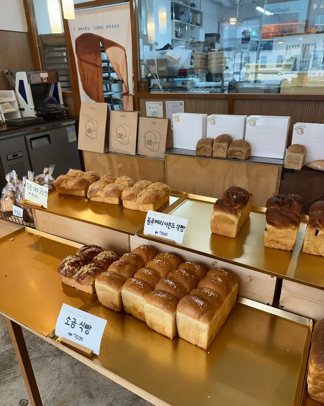 다양한 종류의 식빵이 진열된 모습