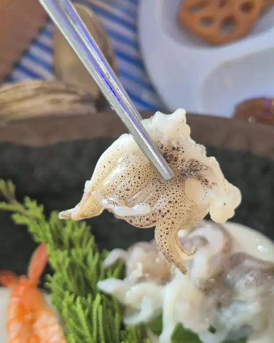 집게로 집어 올린 신선한 해산물