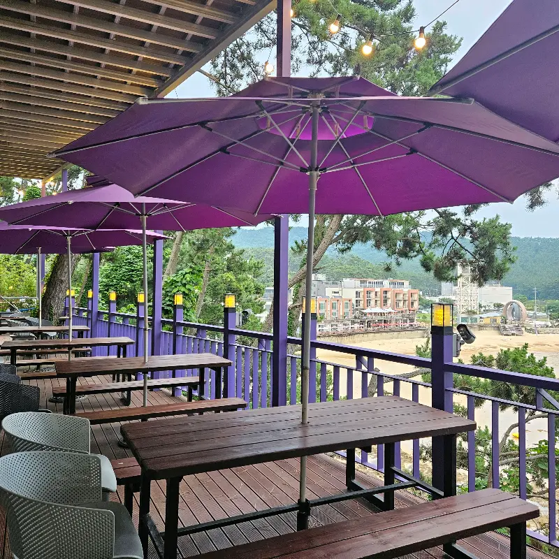 보라색 파라솔이 인상적인 테라스